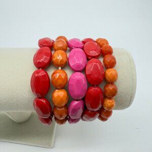 Vtg Multicolor Faceted Bead Stretch Bracelets Red Orange Pink Plastic Set of 5